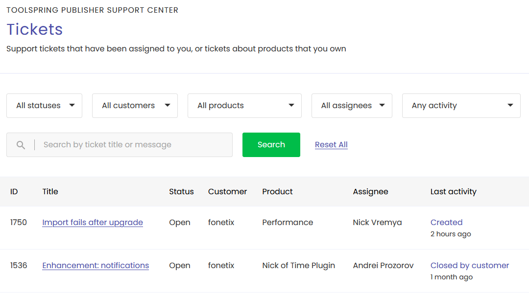 Assigned Tickets page